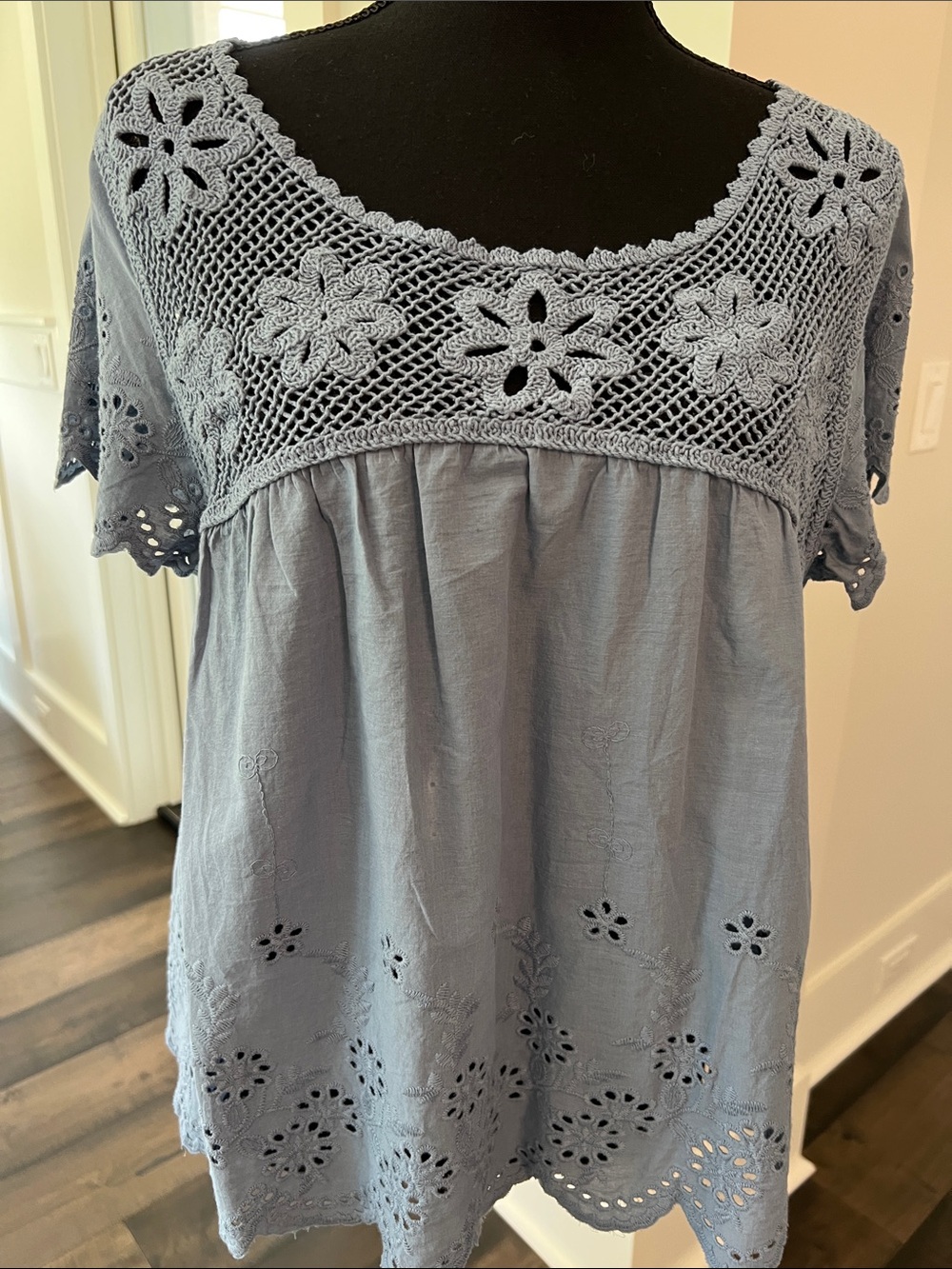 Nicole Miller Powder Blue Crochet Yoke Tunic Top